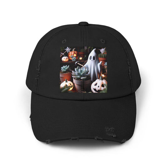 Distressed Cap, Ghost Planting Succulents, Halloween Hat, Unisex Baseball Cap, Vintage Style Dad Hat, Hand Distressed Cap