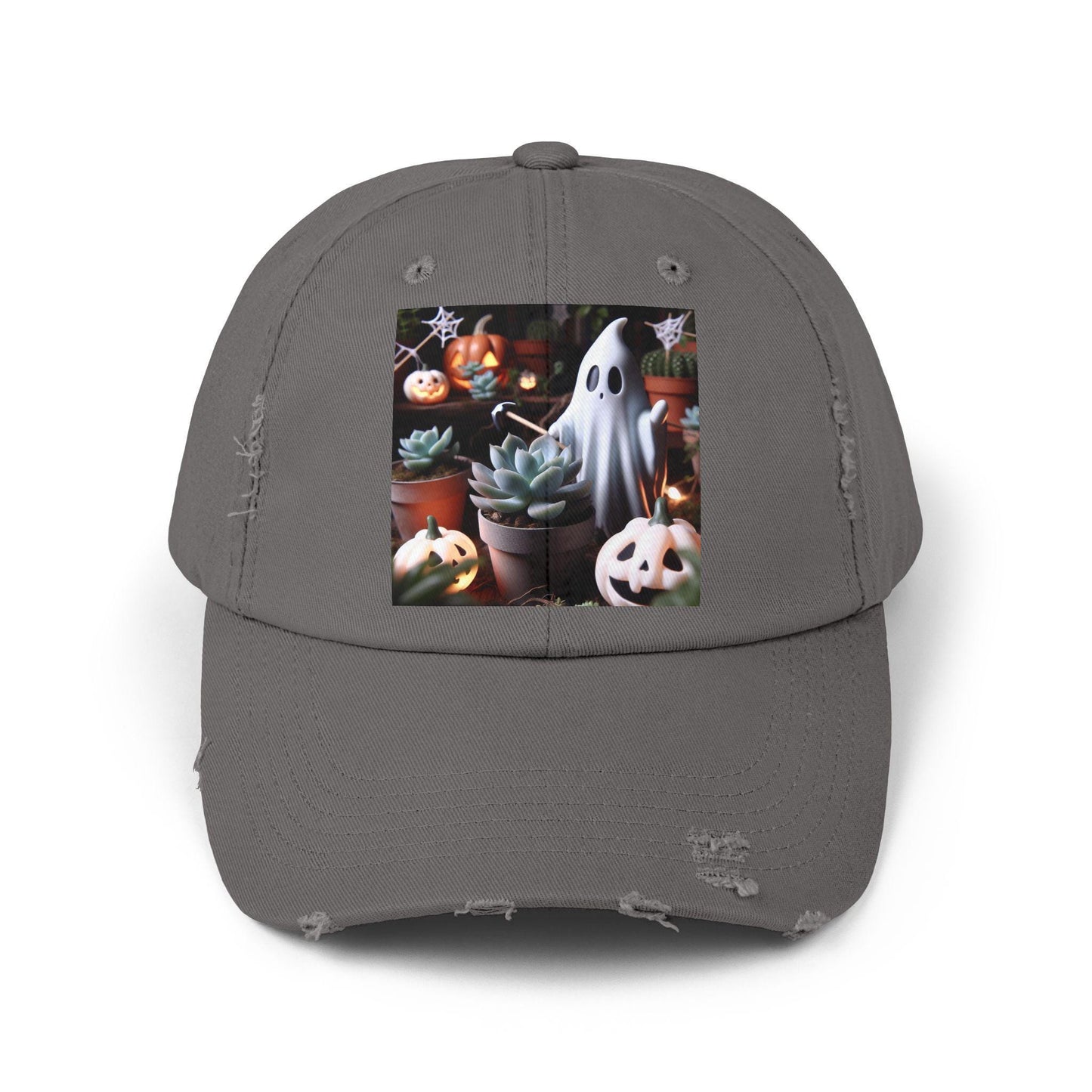 Distressed Cap, Ghost Planting Succulents, Halloween Hat, Unisex Baseball Cap, Vintage Style Dad Hat, Hand Distressed Cap