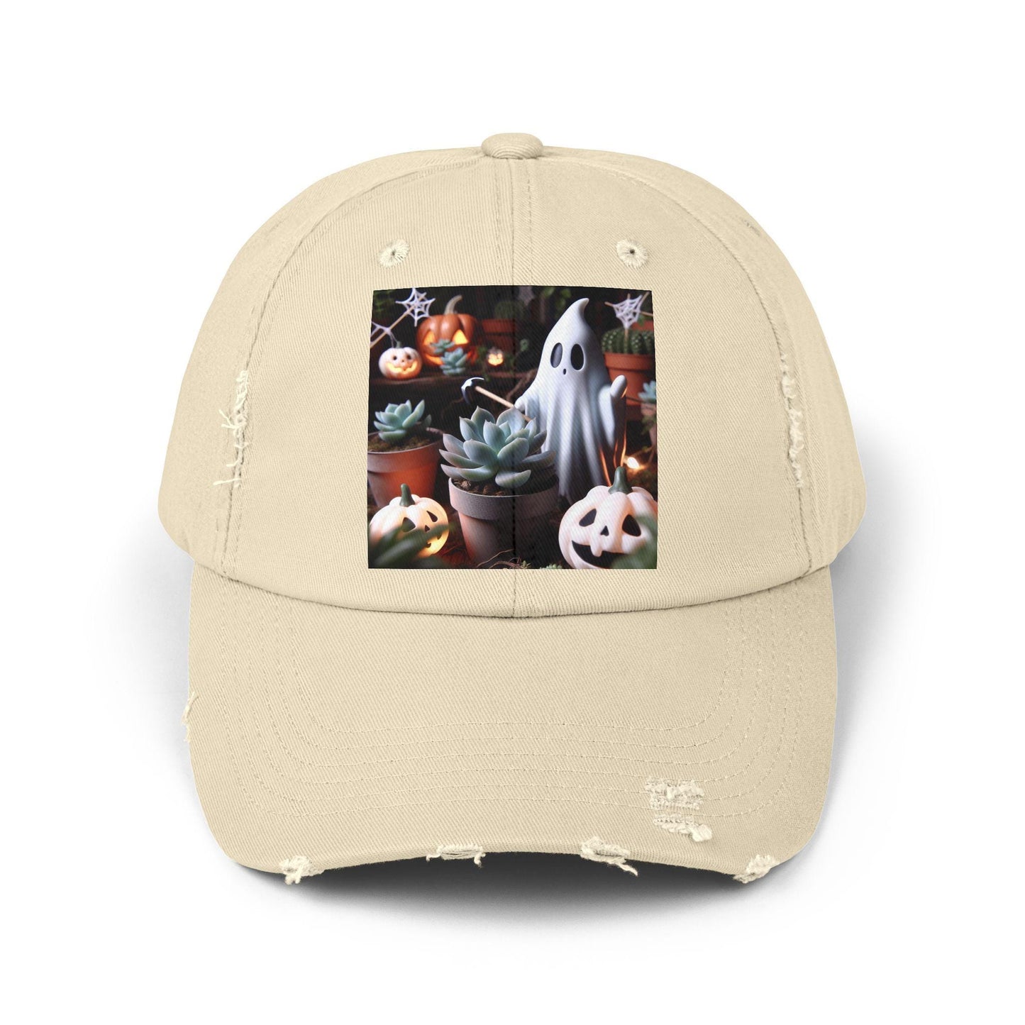Distressed Cap, Ghost Planting Succulents, Halloween Hat, Unisex Baseball Cap, Vintage Style Dad Hat, Hand Distressed Cap